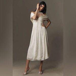 BHLDN Cream Off-Shoulder Pleated Dress